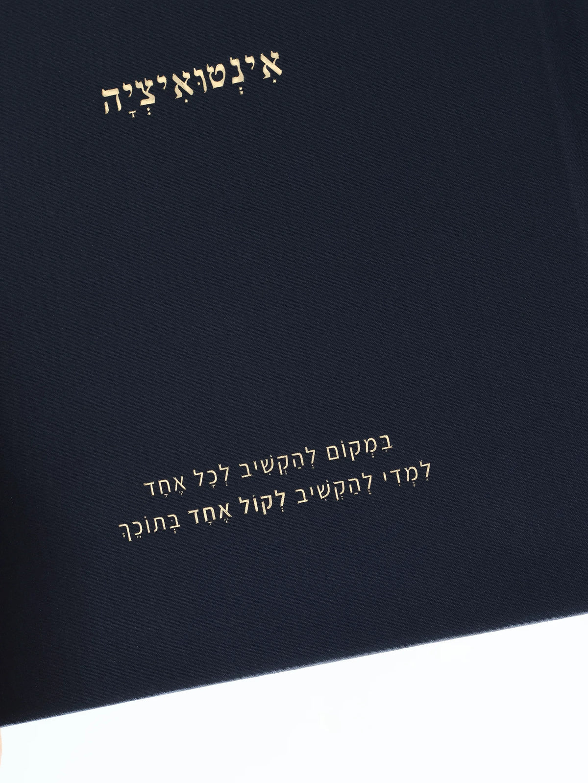 תקריב של הטבעת פויל זהב על מחברת בד בגוון נייבי של מילים ללא פילטר הדר טל